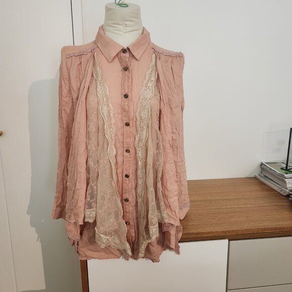 AXES FEMME Japanese Romantic boho style lace layered pink button up size med - Picture 3 of 12
